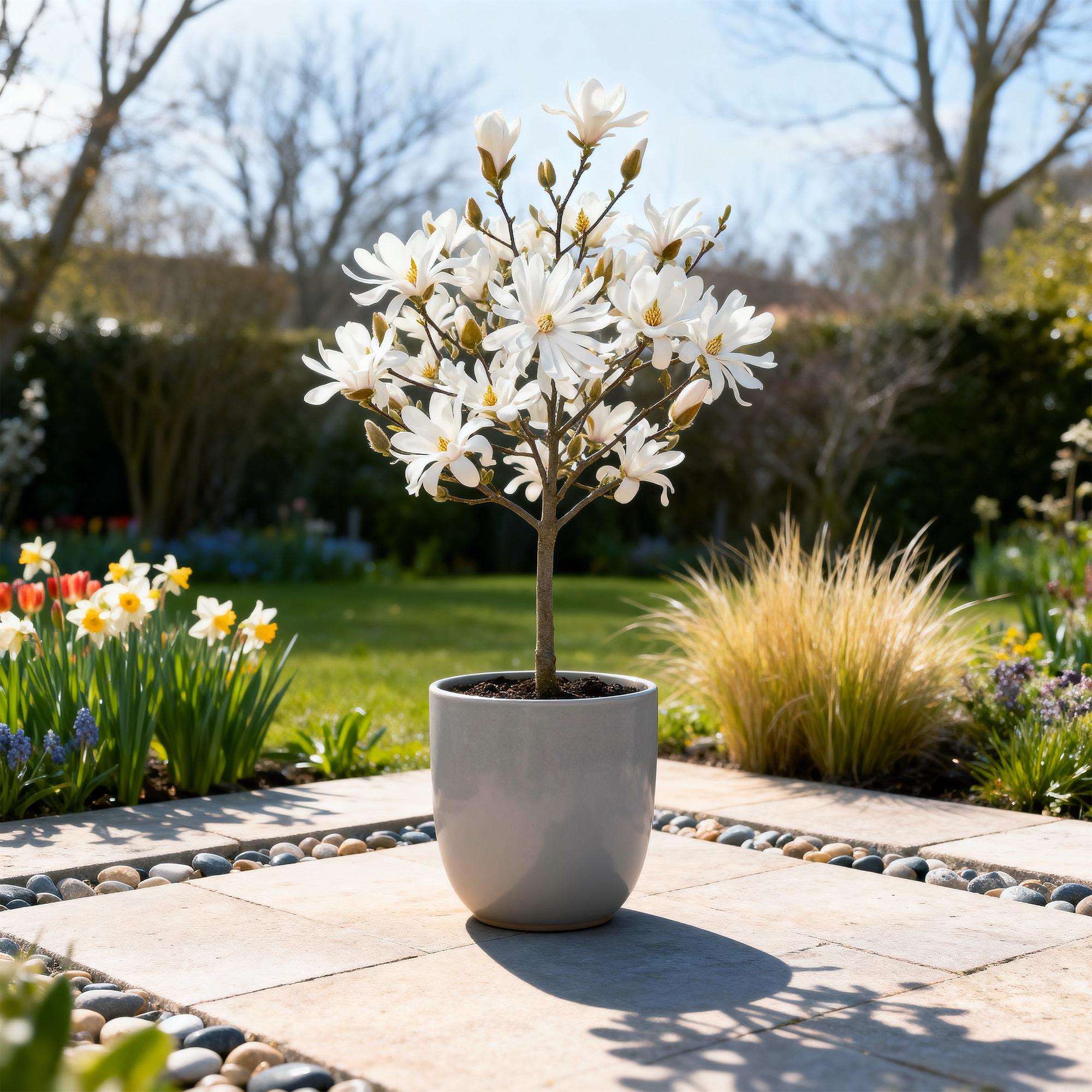 Magnolienbaum - Magnolia stellata - Terrassenpflanze - Laubabwerfend - Winterhart - Weiße Blüte - Topf 19cm Höhe 90cm