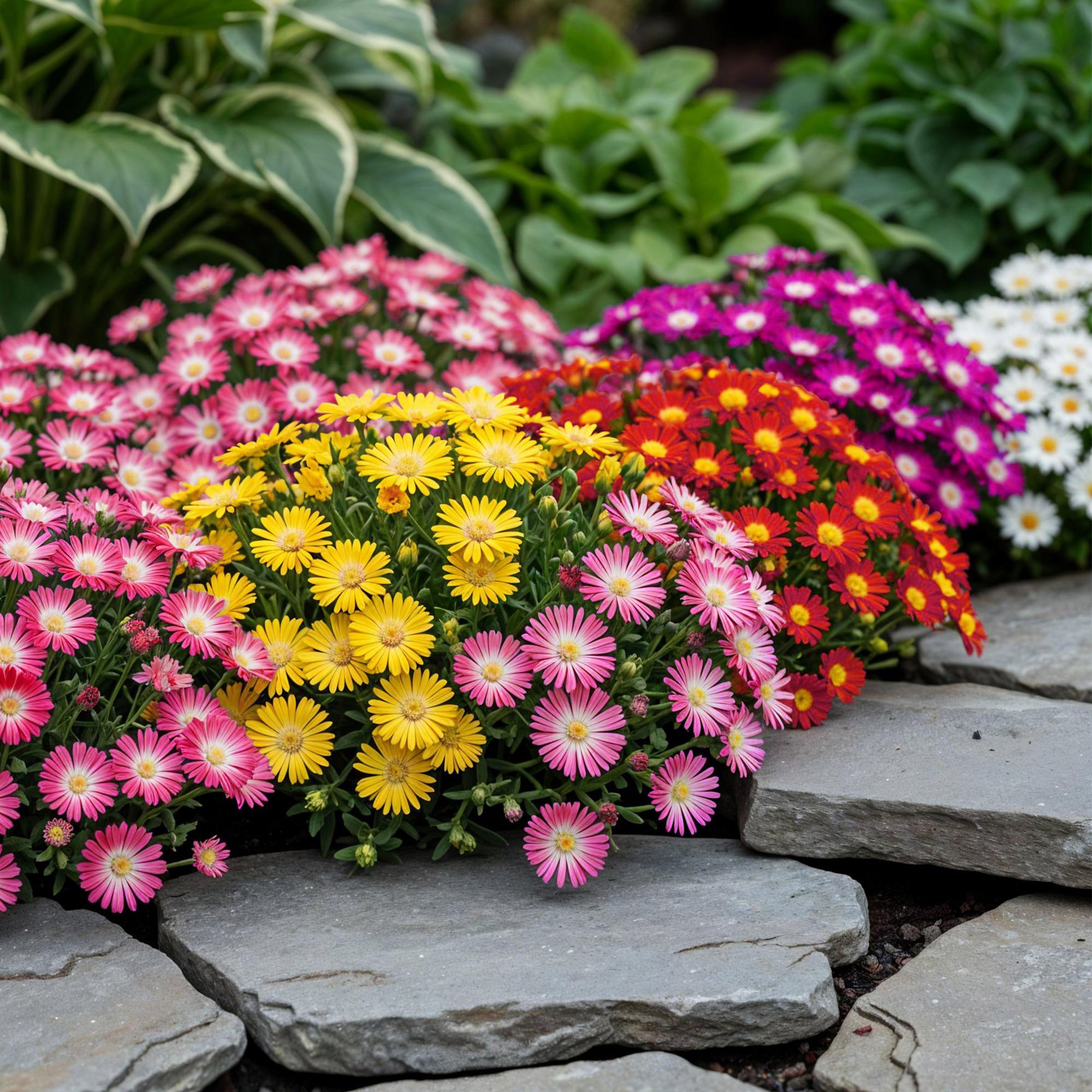 Mittagsblume - Delosperma Bodendeckerblumen - 4 Pflanzen - Farben Rot - Gelb - Lila - Rosa - Wenig Pflege - Topf 14cm Höhe 17cm